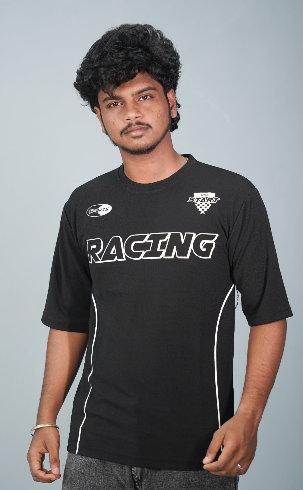 Five Sleeve Round Neck RACING Printed Tshirt for Men-  Black