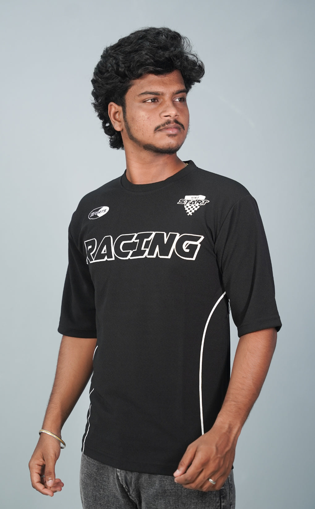 Five Sleeve Round Neck RACING Printed Tshirt for Men-  Black