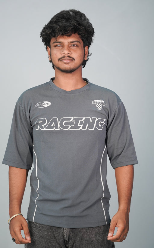 Five Sleeve Round Neck RACING Printed Tshirt for Men-  Grey