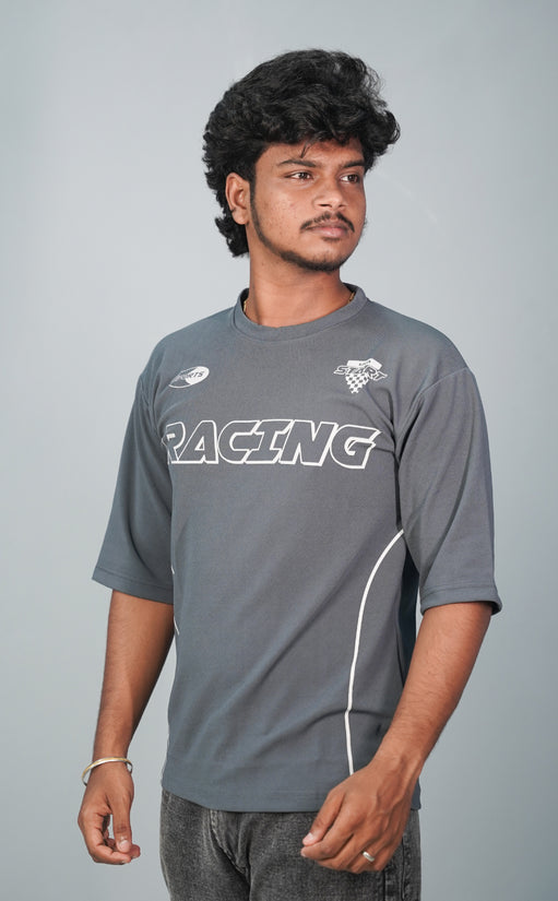 Five Sleeve Round Neck RACING Printed Tshirt for Men-  Grey