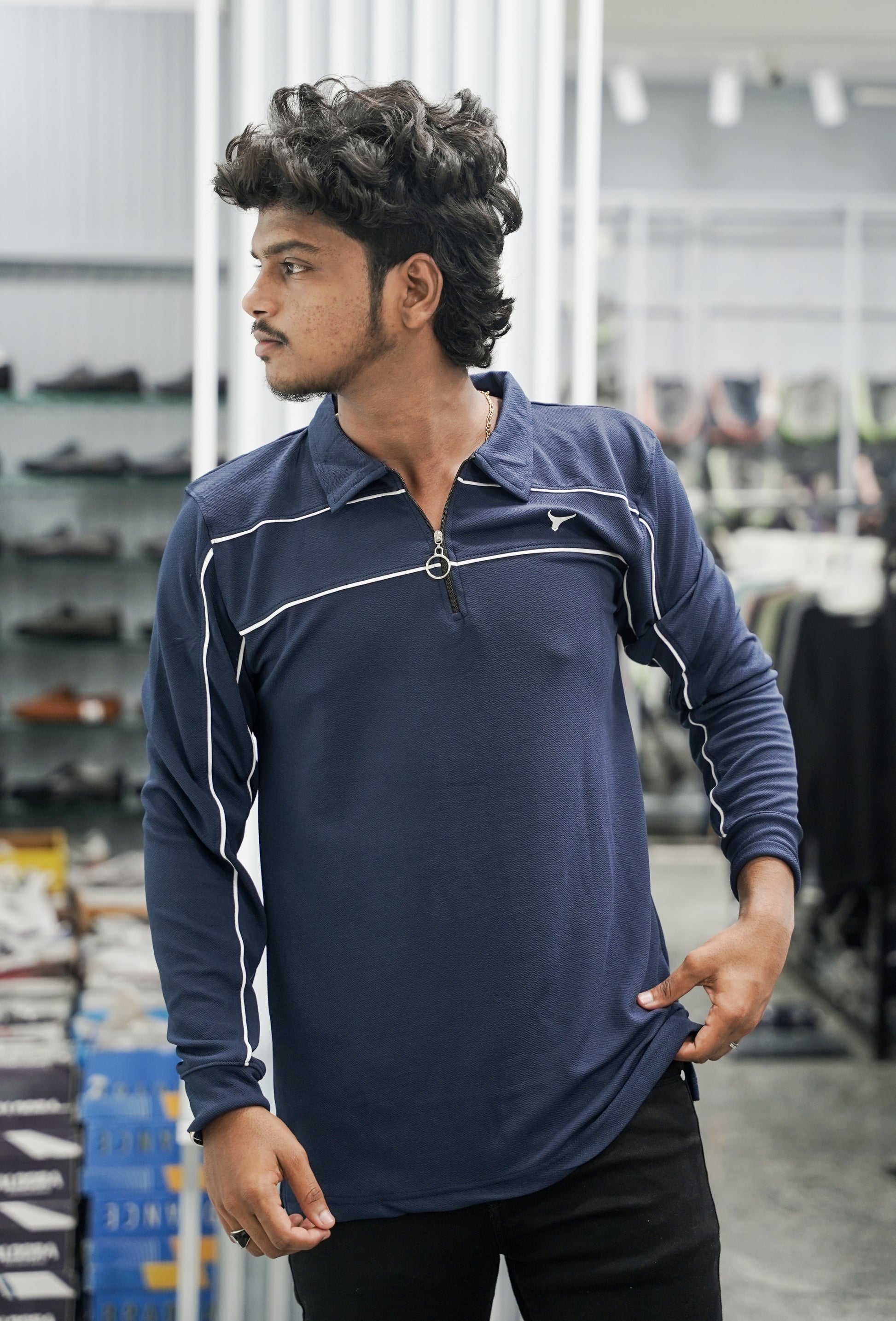 Mens Full Sleeve Collar Zipper Two Line Piping T-Shirt - Navy Blue