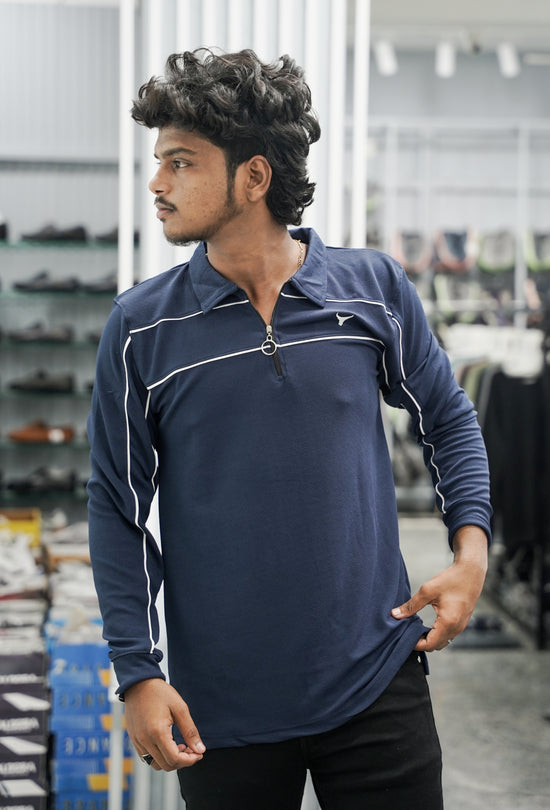 Mens Full Sleeve Collar Zipper Two Line Piping T-Shirt - Navy Blue