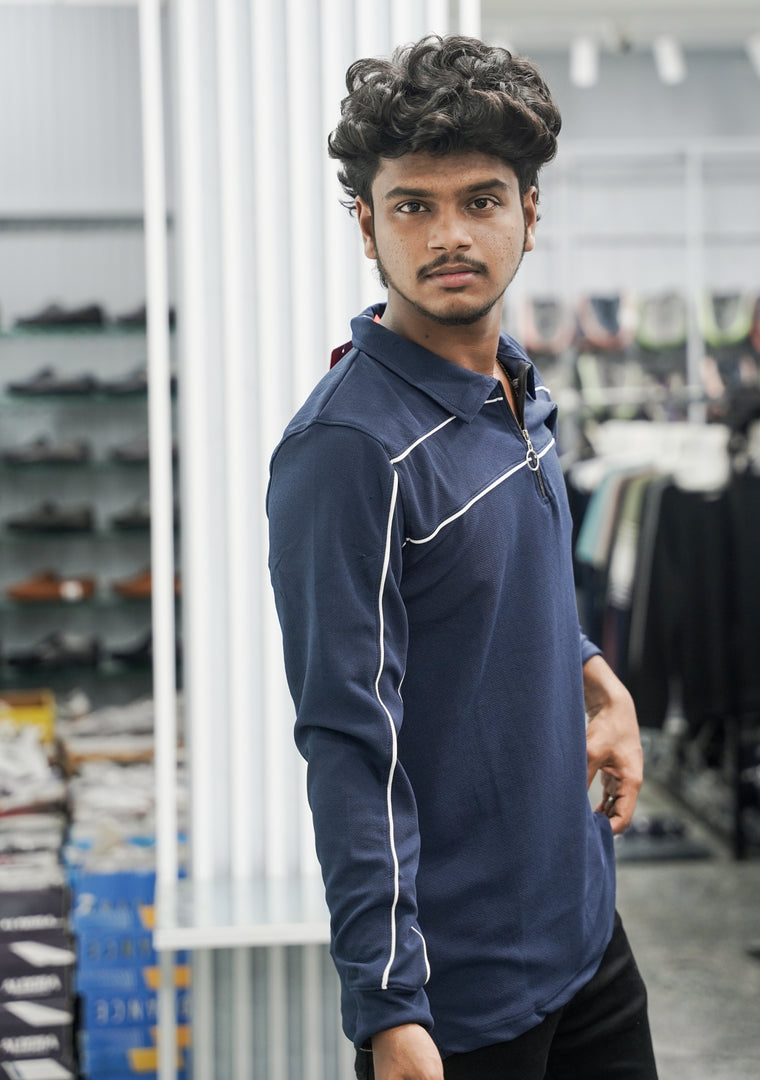 Mens Full Sleeve Collar Zipper Two Line Piping T-Shirt - Navy Blue