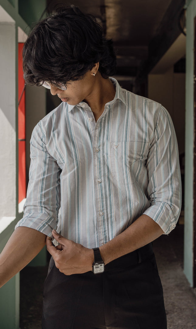 ATTRACTIVE FULL SLEEVE STRIPED COTTON SHIRT-CEMENT SHADE