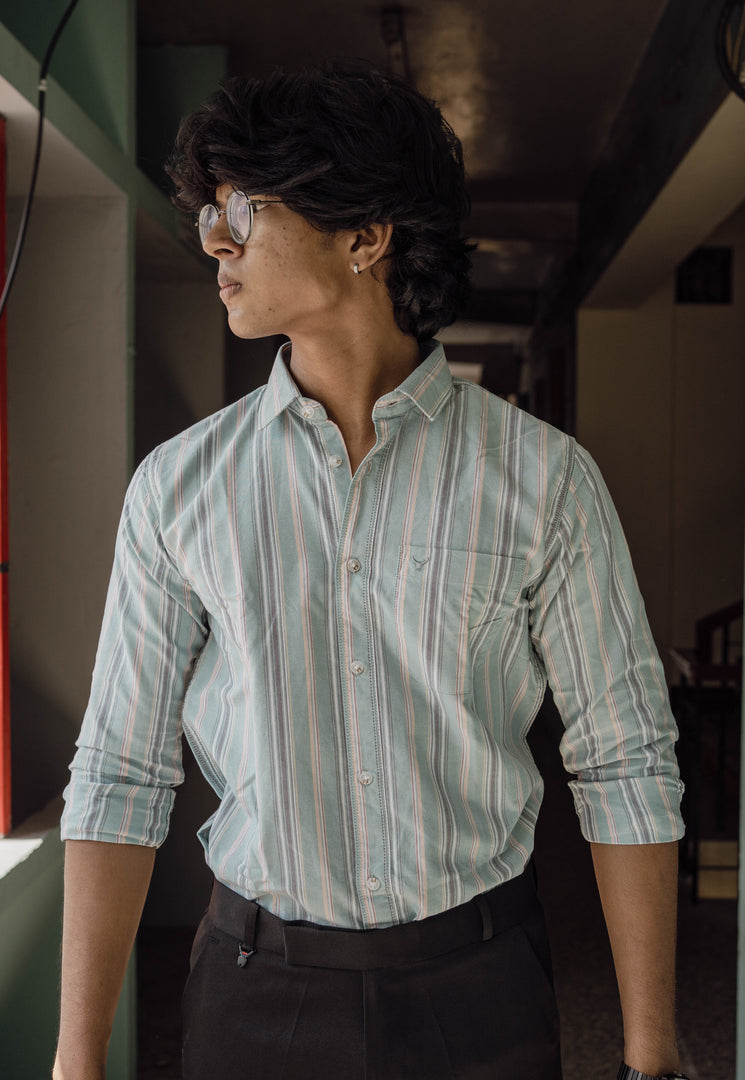 ATTRACTIVE FULL SLEEVE STRIPED COTTON SHIRT-CADET BLUE