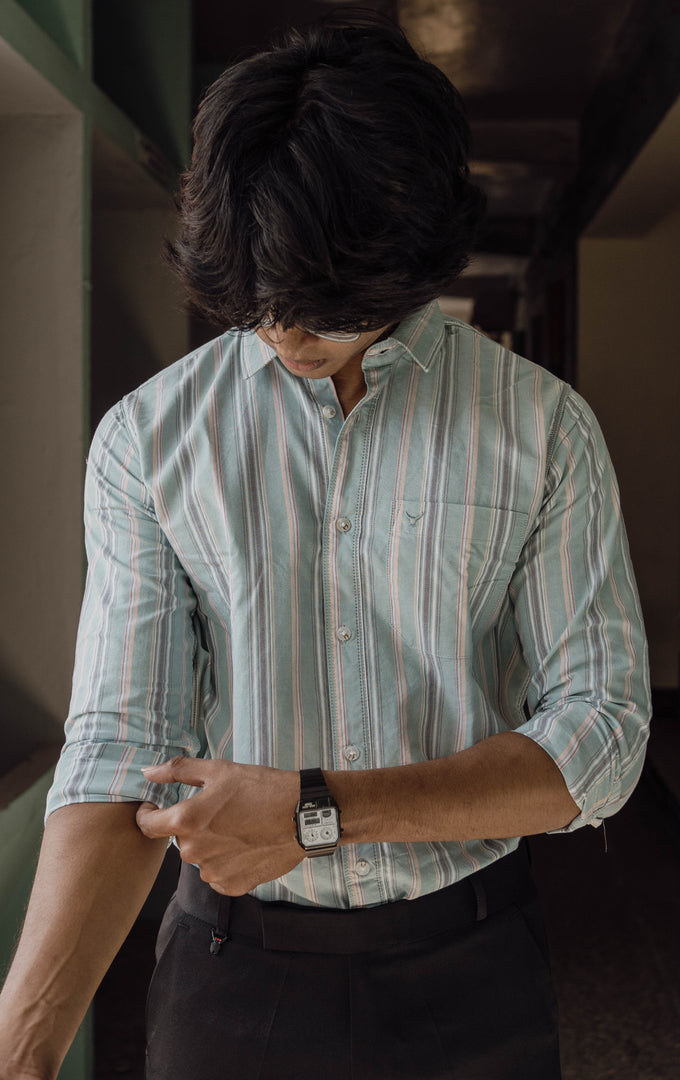 ATTRACTIVE FULL SLEEVE STRIPED COTTON SHIRT-CADET BLUE