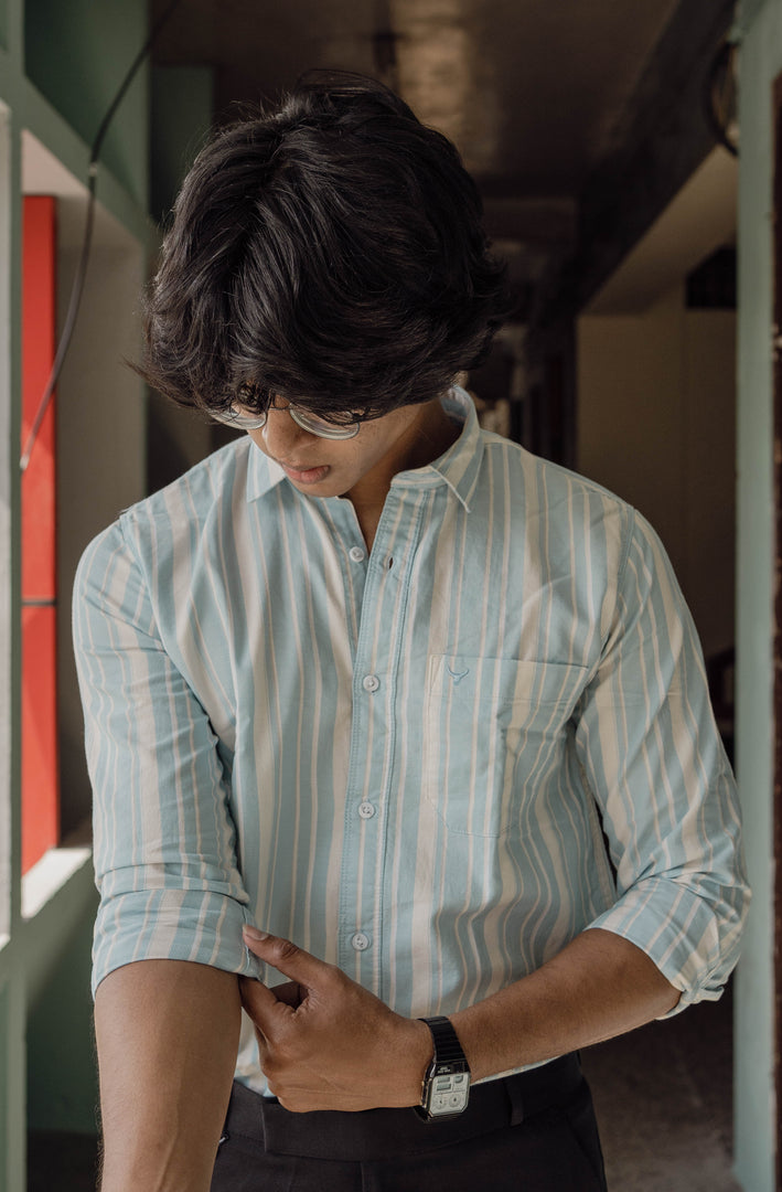 ATTRACTIVE FULL SLEEVE STRIPED COTTON SHIRT-SKY BLUE