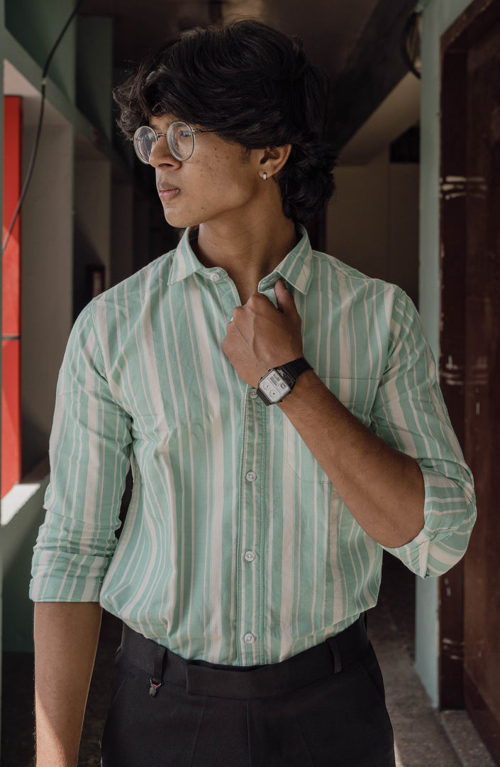 ATTRACTIVE FULL SLEEVE STRIPED COTTON SHIRT-SEA GREEN