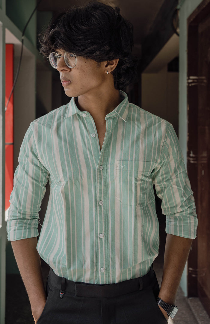 ATTRACTIVE FULL SLEEVE STRIPED COTTON SHIRT-SEA GREEN