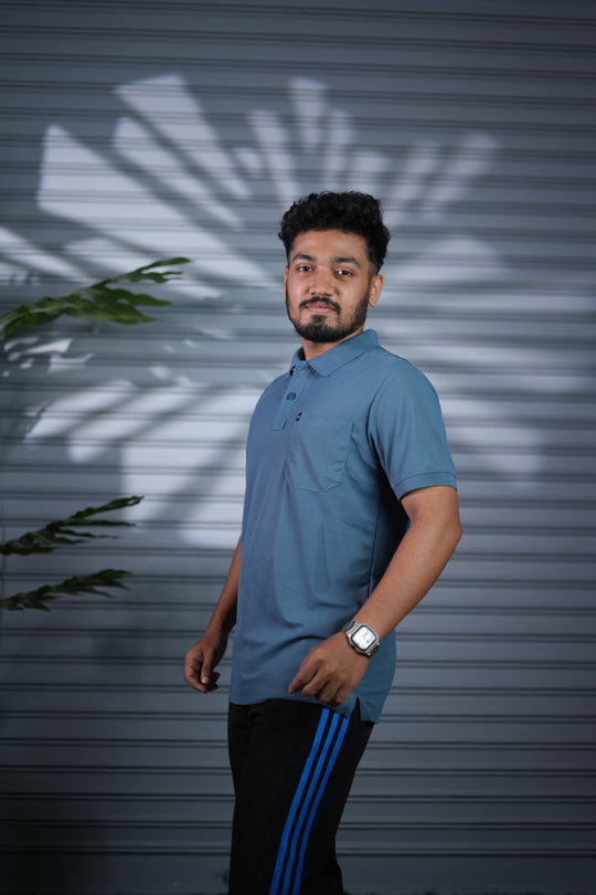 Men's Short Sleeve Polo T-Shirt | Button Pocket Premium Collar Neck Casual Wear - Steel Blue – alternate view – 7MAN India