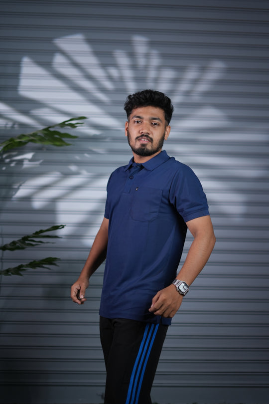 Men's Short Sleeve Polo T-Shirt | Button Pocket Premium Collar Neck Casual Wear - Navy Blue – alternate view – 7MAN India