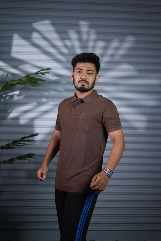 Men's Short Sleeve Polo T-Shirt |Button Pocket Premium Collar Neck Casual Wear - Chocolate Brown – alternate view – 7MAN India
