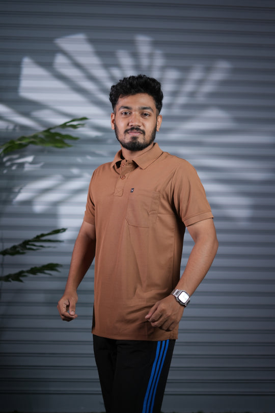 Men's Short Sleeve Polo T-Shirt | Button Pocket Premium Collar Neck Casual Wear - Brown – alternate view – 7MAN India