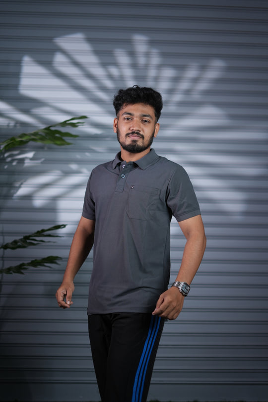Men's Short Sleeve Polo T-Shirt | Button Pocket Premium Collar Neck Casual Wear - Grey – alternate view – 7MAN India