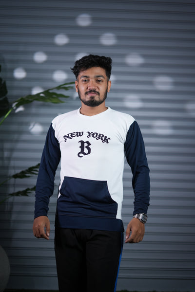 New York Printed Sweatshirt for Men | Full Sleeve Casual Wear - White and Navy Blue