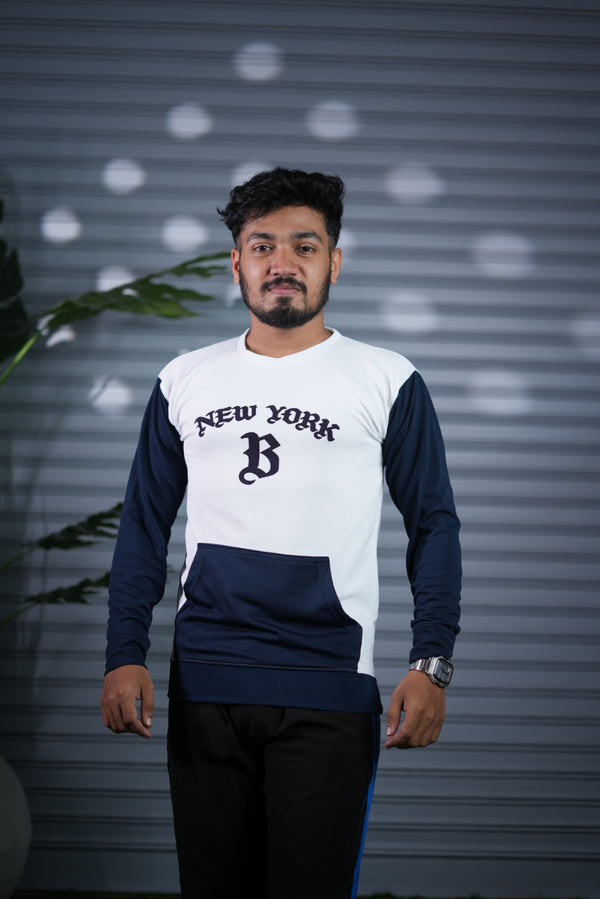 New York Printed Sweatshirt for Men | Full Sleeve Casual Wear - White and Navy Blue