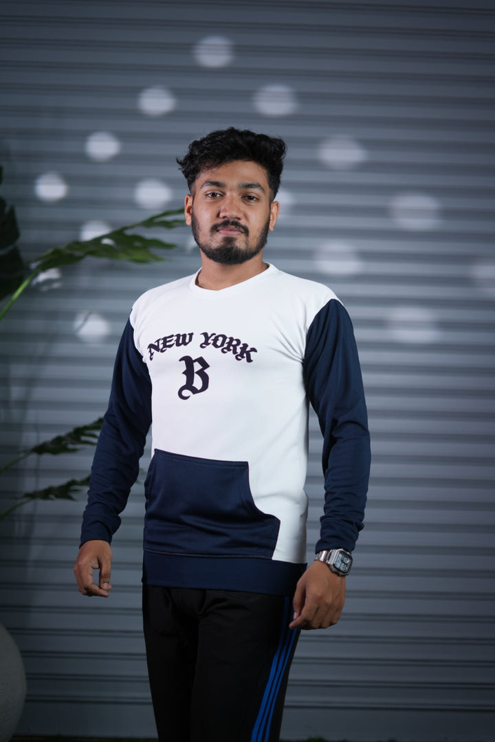 New York Printed Sweatshirt for Men | Full Sleeve Casual Wear - White and Navy Blue