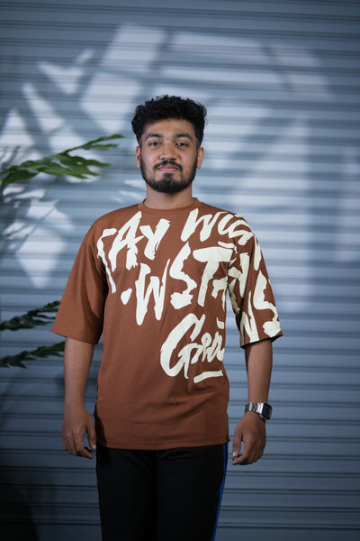 Typography Oversized Printed T-Shirt for Men | Fashion Streetwear - Brown