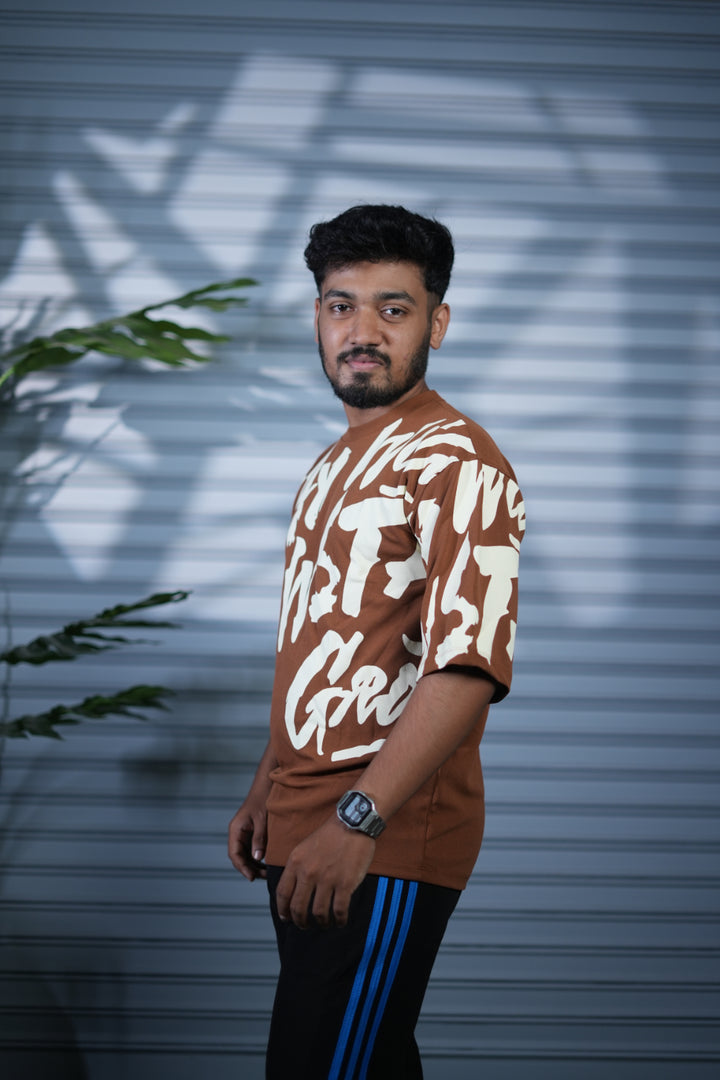 Typography Oversized Printed T-Shirt for Men | Fashion Streetwear - Brown