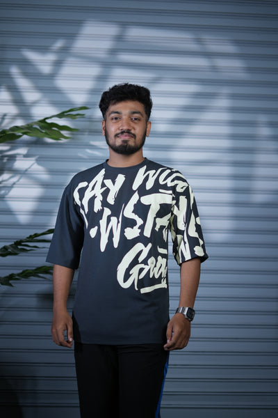 Typography Oversized Printed T-Shirt for Men | Fashion Streetwear - Grey