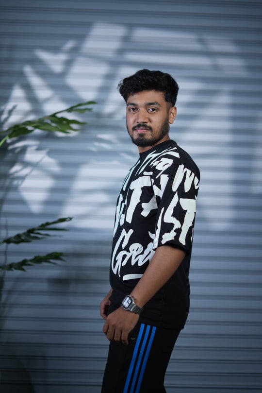 Typography Oversized Printed T-Shirt for Men | Fashion Streetwear - Black – alternate view – 7MAN India