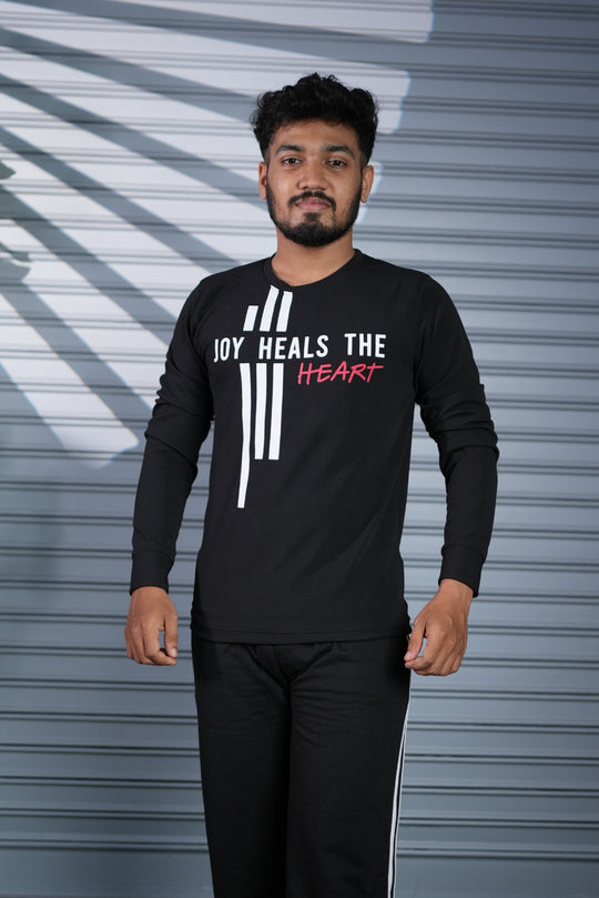 Mens Full Sleeve Joy Heals The Heart Printed Sweatshirt T-Shirt - Black – 7MAN Men's Fashion India