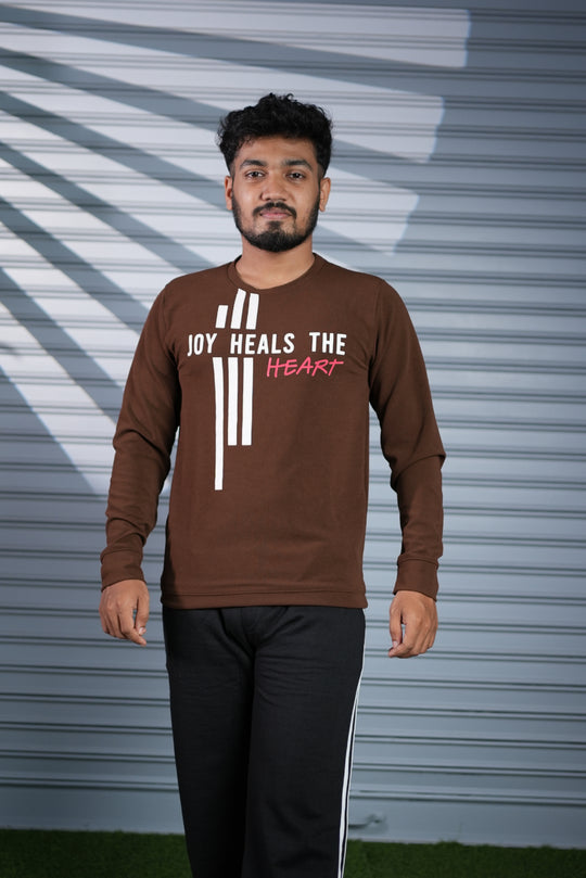 Mens Full Sleeve Joy Heals The Heart Printed Sweatshirt T-Shirt - Brown – 7MAN Men's Fashion India
