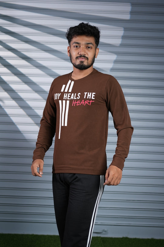 Mens Full Sleeve Joy Heals The Heart Printed Sweatshirt T-Shirt - Brown – alternate view – 7MAN India