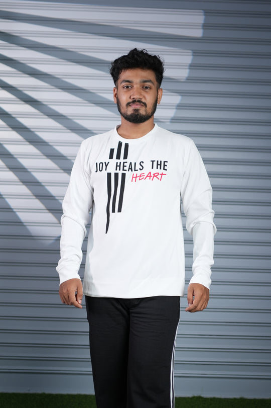 Mens Full Sleeve Joy Heals The Heart Printed Sweatshirt T-Shirt - White – 7MAN Men's Fashion India