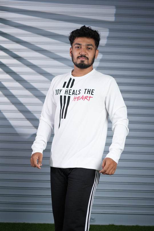 Mens Full Sleeve Joy Heals The Heart Printed Sweatshirt T-Shirt - White – alternate view – 7MAN India