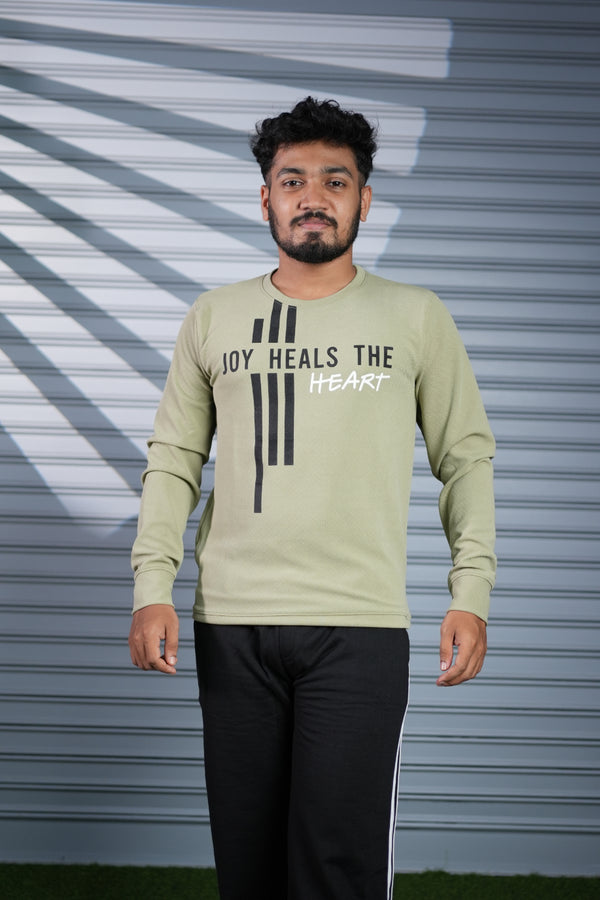 Mens Full Sleeve Joy Heals The Heart Printed Sweatshirt T-Shirt - Pista Green