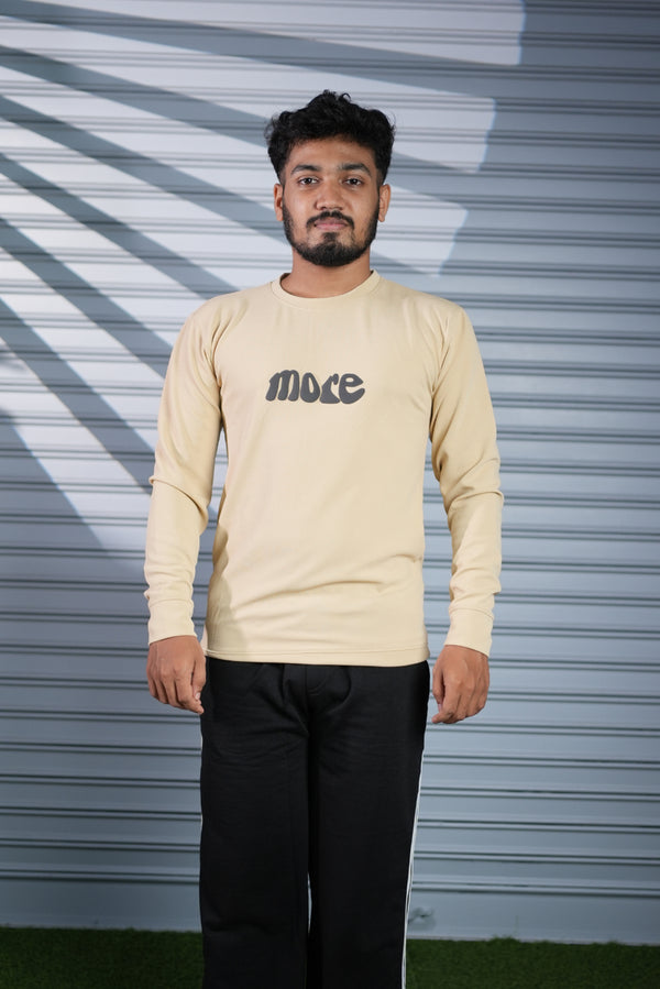 Men's Full Sleeve MORE Printed T-Shirt | Casual Round Neck Tee for Men - Beige