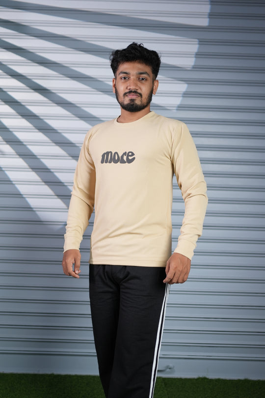 Men's Full Sleeve MORE Printed T-Shirt | Casual Round Neck Tee for Men - Beige – alternate view – 7MAN India