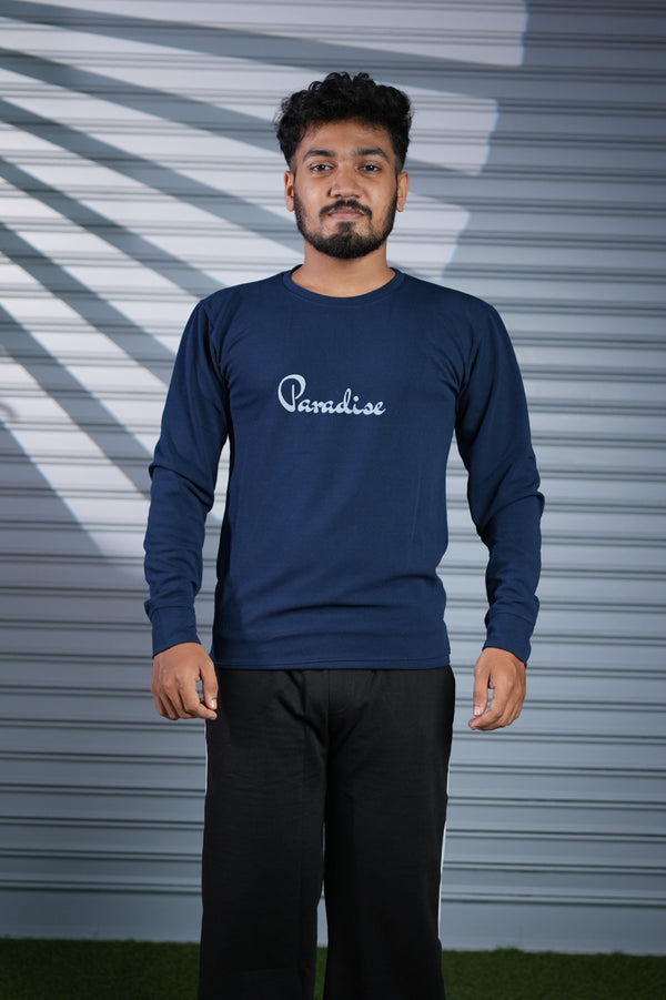 Men's Full Sleeve PARADISE Printed T-Shirt | Casual Round Neck Tee for Men - Navy Blue