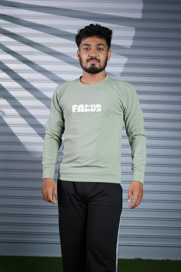 Men's Full Sleeve FOCUS Printed T-Shirt | Casual Round Neck Tee for Men - Pista Green