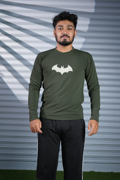 Men's Full Sleeve BAT Printed T-Shirt | Casual Round Neck Tee for Men - Mahendhi Green