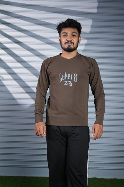 Men's Full Sleeve LAKERS Printed T-Shirt | Casual Round Neck Tee for Men - Brown