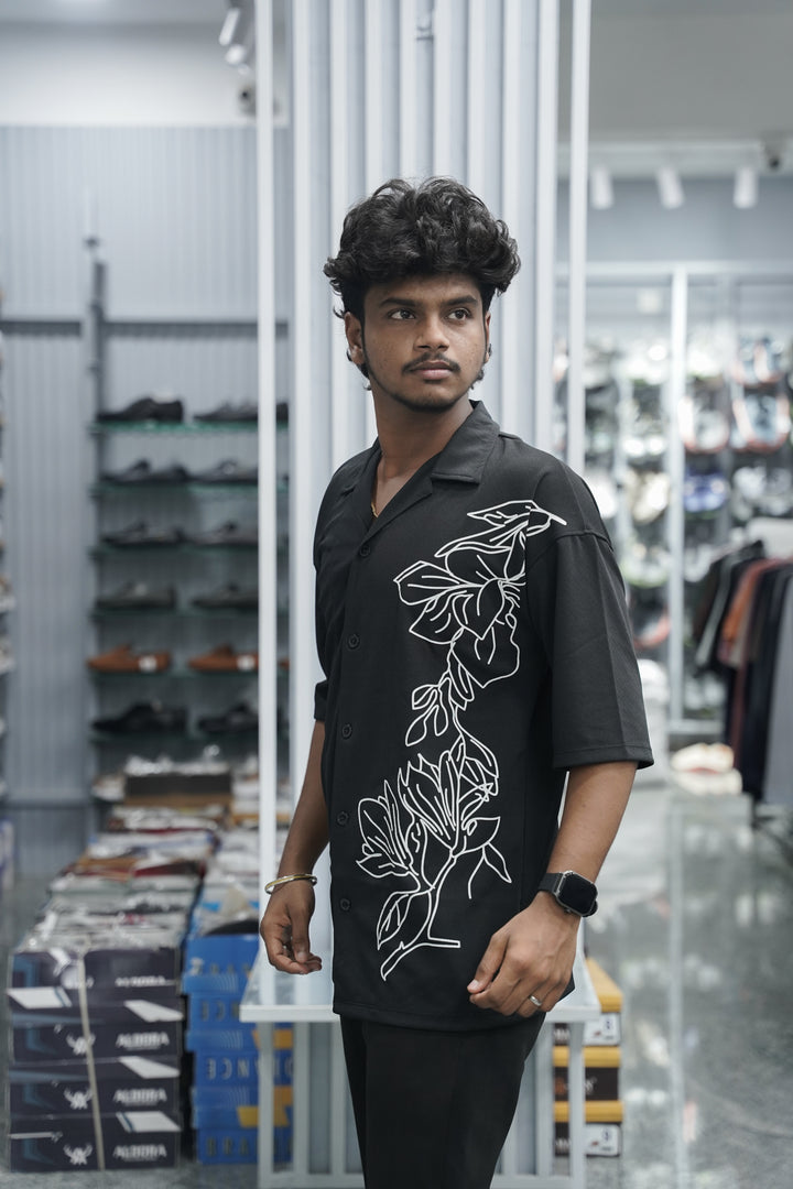 Mens Daily Wear PLANT Printed Five Sleeve Lycra Shirt - Black