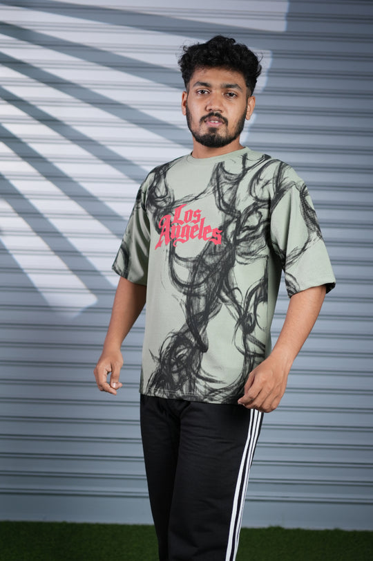 Men's Oversized Graphic Printed T-Shirt | Los Angeles Streetwear Tee - Pista Green – alternate view – 7MAN India
