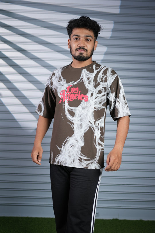 Men's Oversized Graphic Printed T-Shirt | Los Angeles Streetwear Tee - Brown – alternate view – 7MAN India