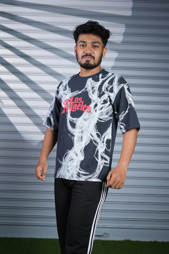 Men's Oversized Graphic Printed T-Shirt | Los Angeles Streetwear Tee - Navy Blue – alternate view – 7MAN India