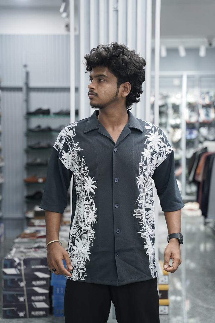 Mens Daily Wear TWO SIDE Printed Five Sleeve Lycra Shirt - Dark Grey