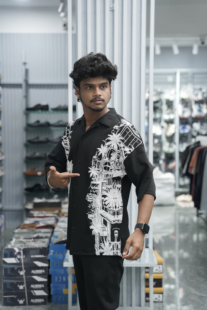 Mens Daily Wear TWO SIDE Printed Five Sleeve Lycra Shirt - Black