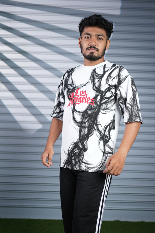 Men's Oversized Graphic Printed T-Shirt | Los Angeles Streetwear Tee - White – alternate view – 7MAN India