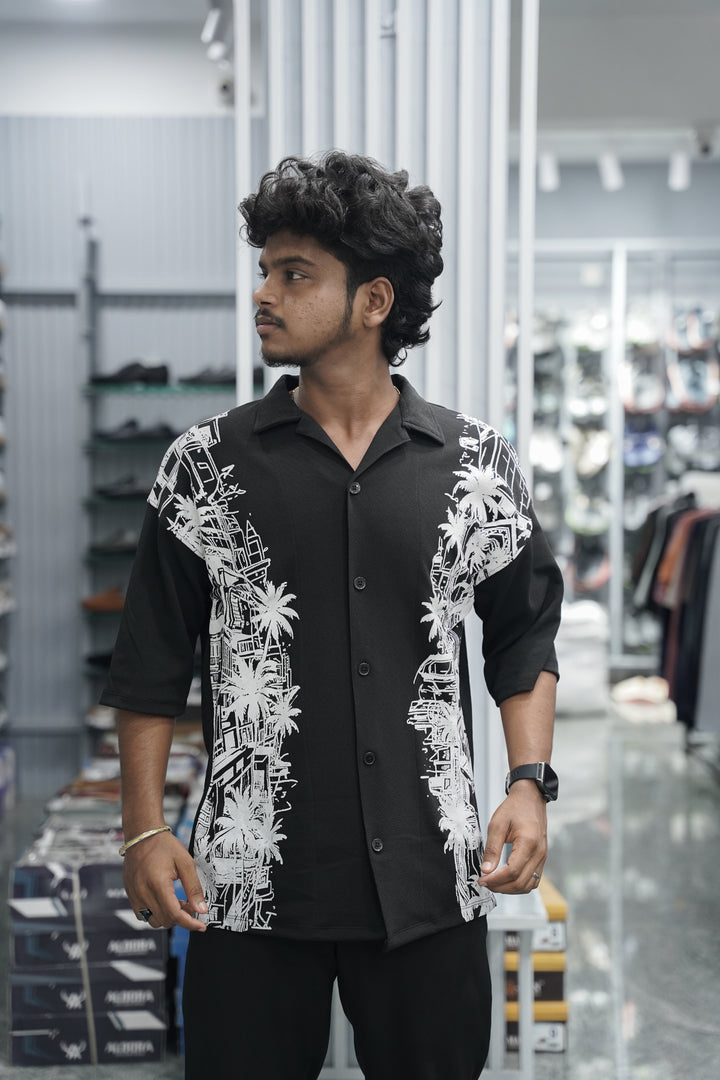 Mens Daily Wear TWO SIDE Printed Five Sleeve Lycra Shirt - Black
