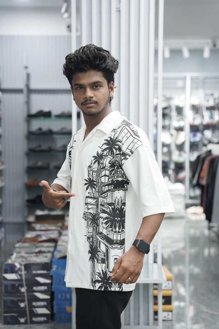 Mens Daily Wear TWO SIDE Printed Five Sleeve Lycra Shirt - White