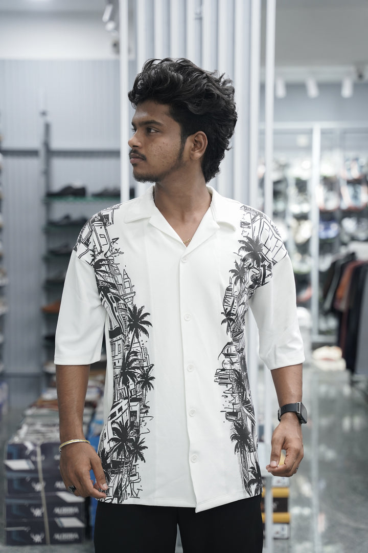 Mens Daily Wear TWO SIDE Printed Five Sleeve Lycra Shirt - White