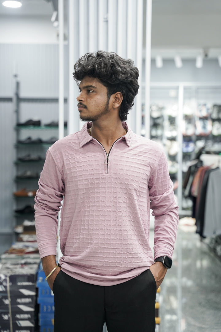 Full Sleeve Zipper Collar Striped T-Shirt for Men - Pink-7 Man