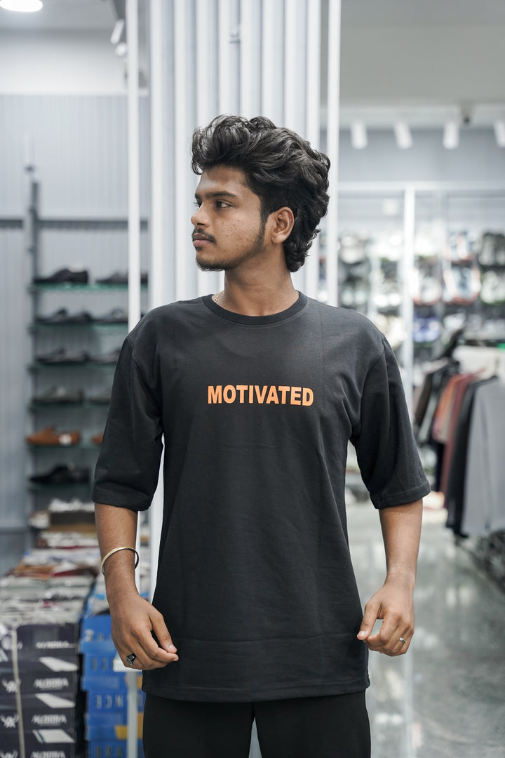 Five Sleeve Round Neck MOTIVATED Printed Mens Tshirt - Black