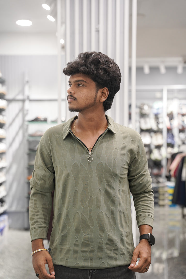 Full Sleeve Collar Neck Oval Print Zipper T-Shirt for Men - Green-7 Man